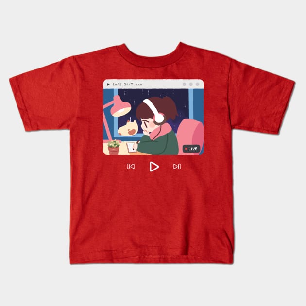 Lofi Hip-hop and chill sweater, YouTube, 24/7 Music Study Beats To Relax To, Kawaii Anime Aesthetic, red sweater grey sweater, sleeve print Kids T-Shirt by mushopea